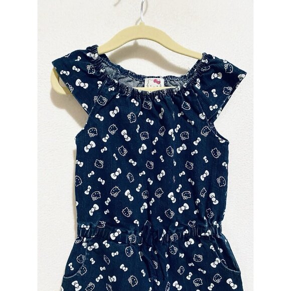 Hello Kitty Jumpsuit Girls 4 Denim Bow Print Short Sleeve Drawstring Waist - Picture 2 of 7